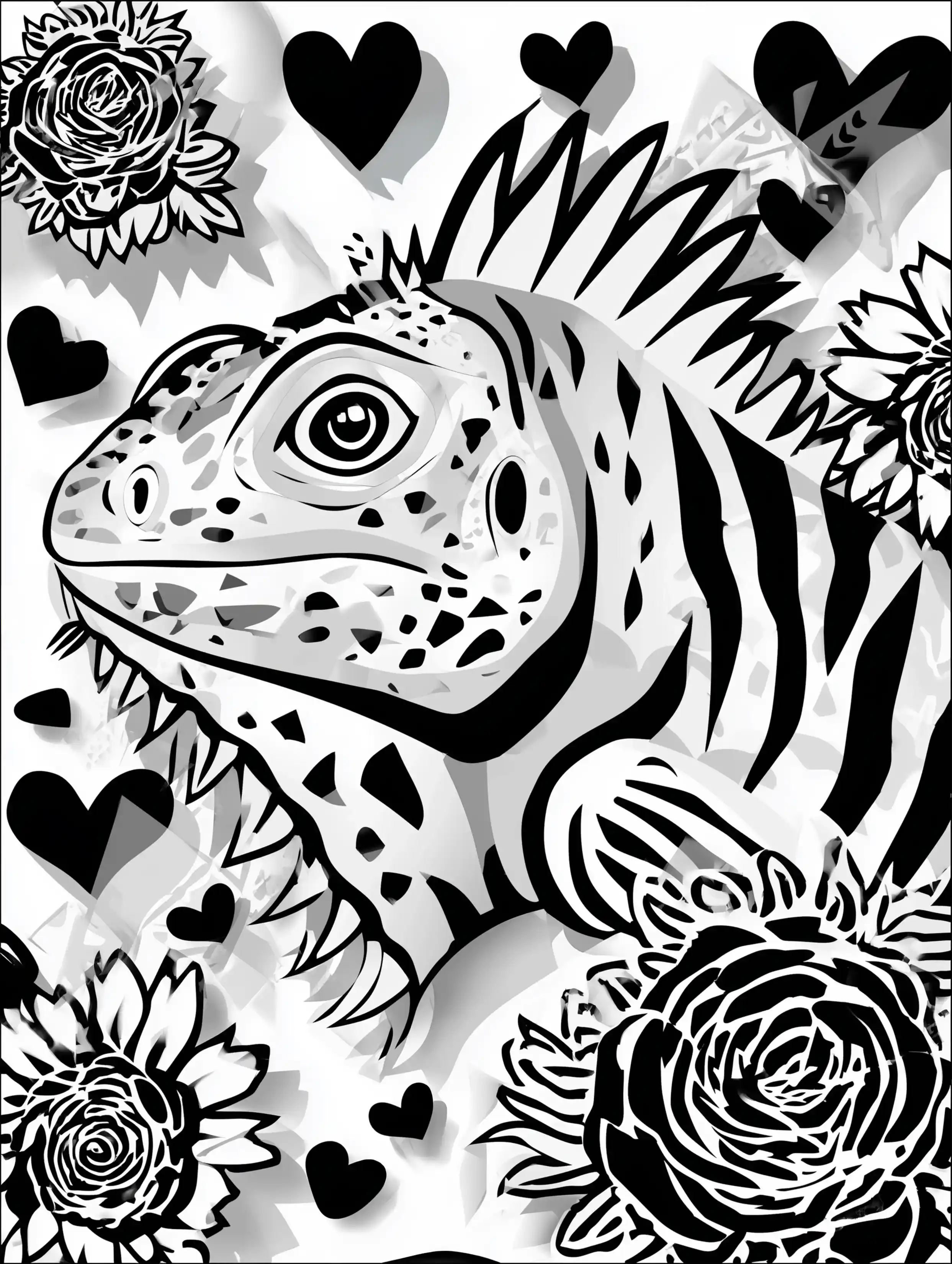 Free printable zoo coloring sheet featuring an iguana with black heart details